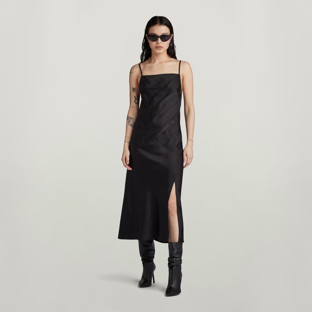 G-Star Black Midi Dress with Spaghetti Straps crushed satin slip dress $210 NWT